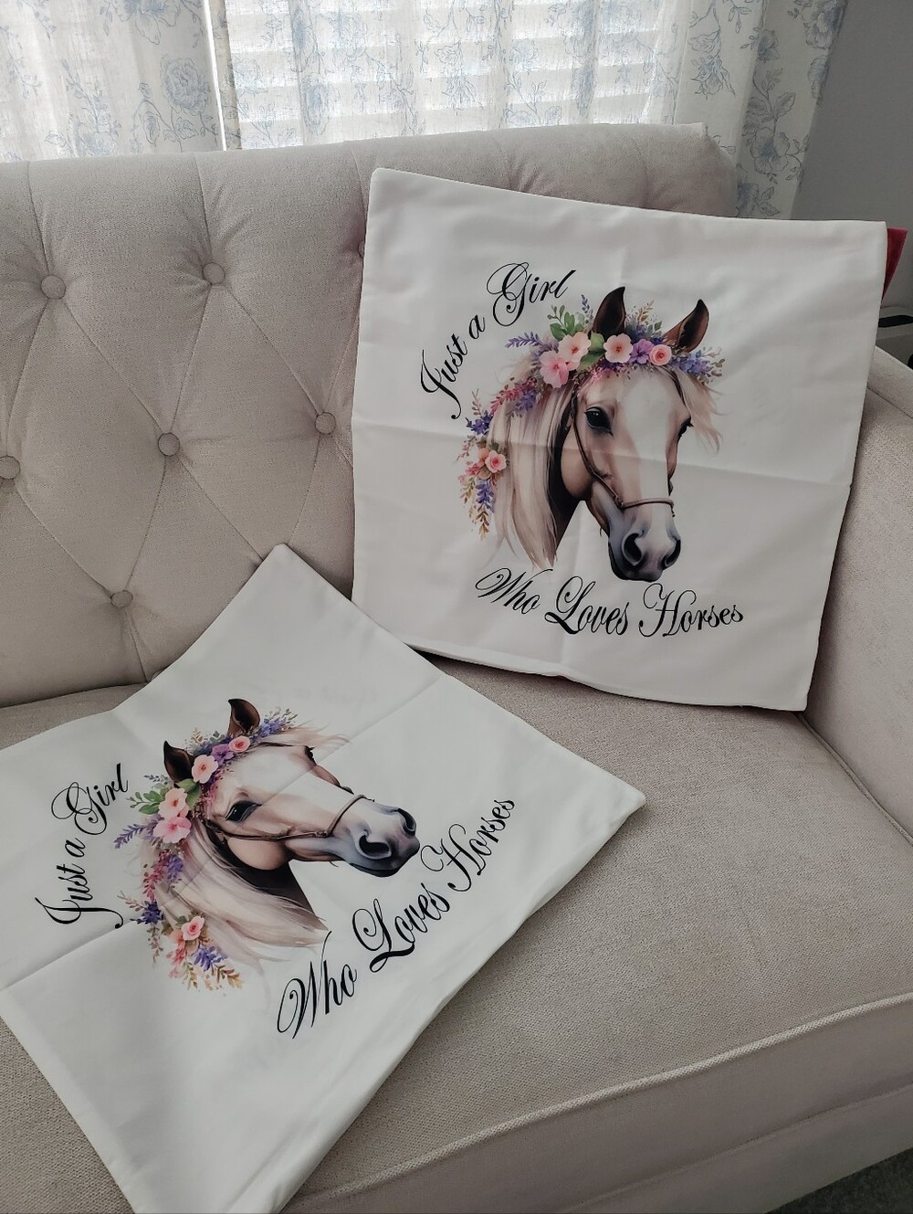PAIR (2) of "Just a Girl Who Loves Horses" Pillow Covers For 17" Insert